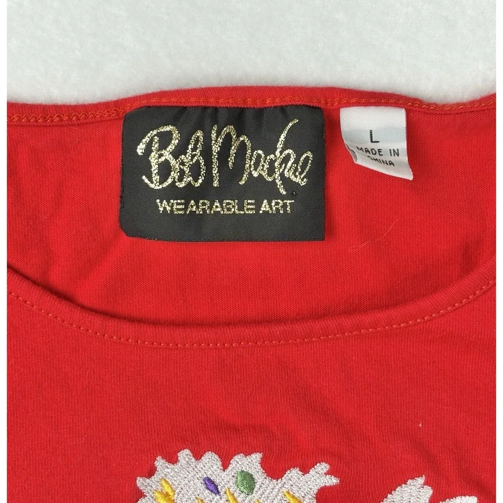 Bob‎ Mackie Wearable Art Red Floral Embroidered Tee Shirt Women's Large